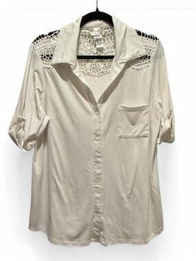 Lavish Cream Button-Down Top with Crochet Yoke